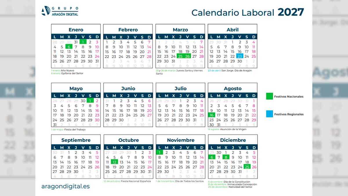 Aragón hat den Arbeitskalender für 2027: Das sind die 12 Feiertage im kommenden Jahr
