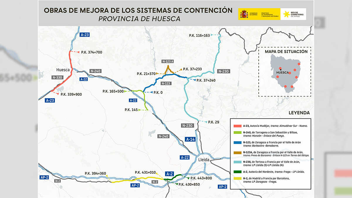 Verkehrsministerium schreibt für 6,78 Millionen Euro Verbesserungen an Schutzplanken auf Straßen in Huesca aus
